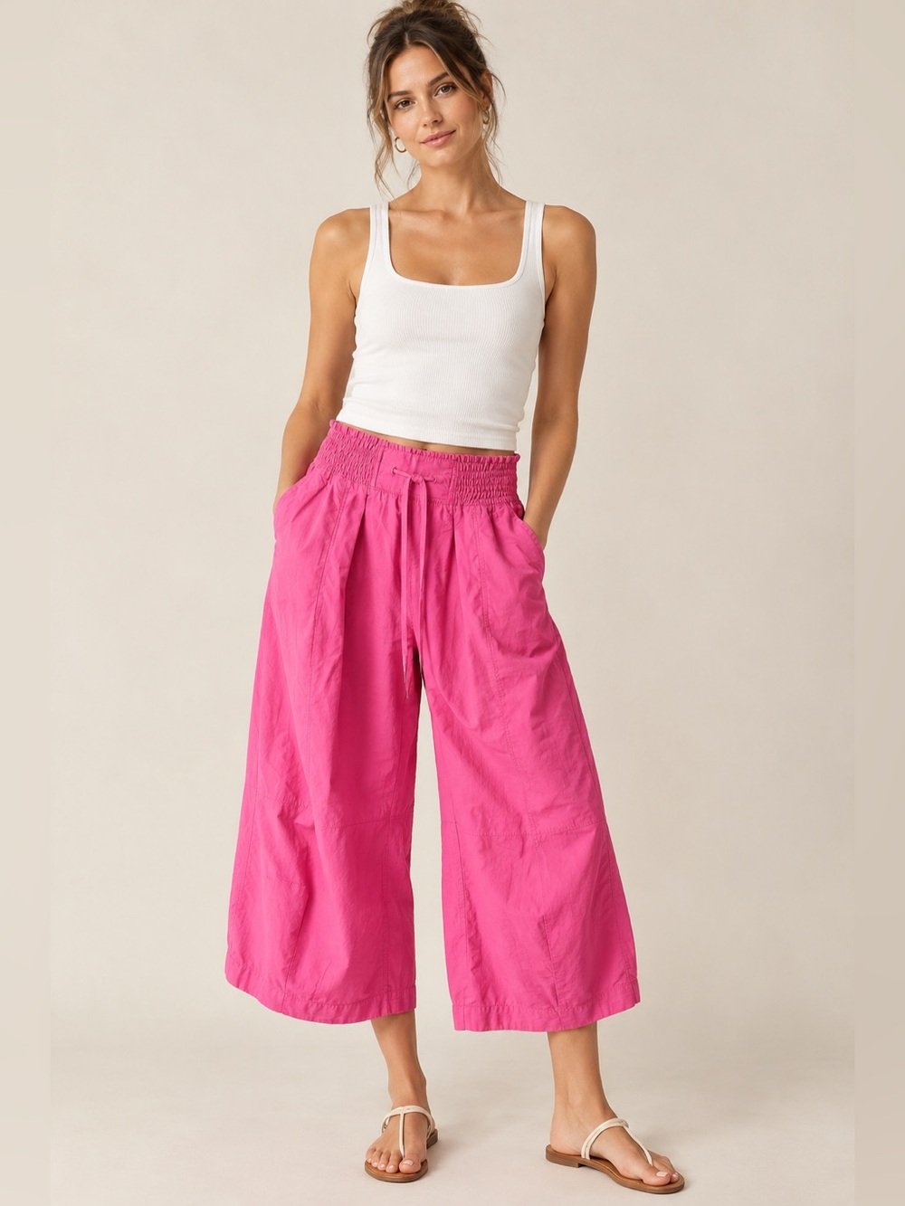 Anthropologie Fuchsia Pink Smocked Waist Wide Leg Cropped Pants size Small